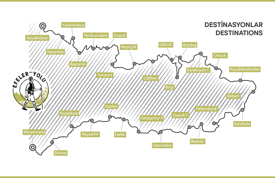 Yukarıkızılca'nın da işaretlendiği Efeler Yolu kültür rotası destinasyon haritası