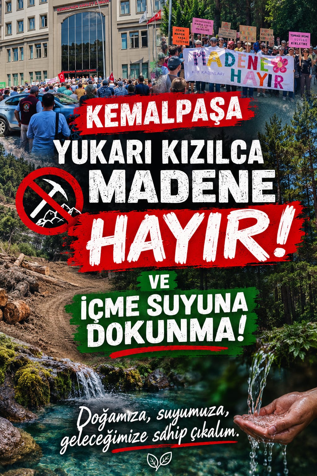 Kemalpaşa Yukarıkızılca'da madene hayır ve doğamıza, suyumuza, geleceğimize sahip çıkalım mesajlı paylaşım görseli