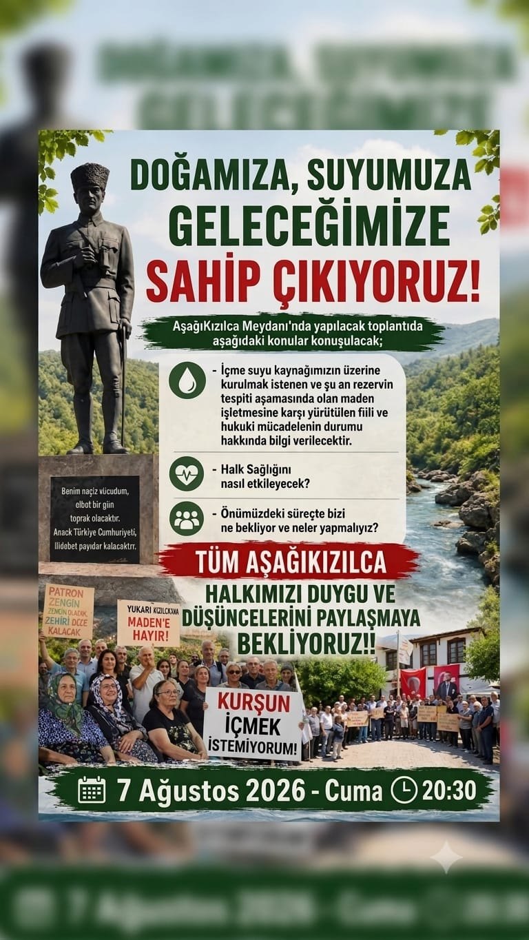 Doğamıza, suyumuza ve geleceğimize sahip çıkıyoruz çağrısıyla 7 Ağustos 2026 Aşağıkızılca toplantısını duyuran afiş