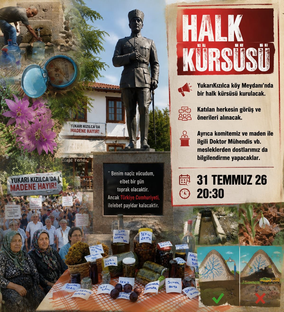 31 Temmuz 2026 tarihli Yukarıkızılca Halk Kürsüsü duyurusu ile köy, su, doğa, ürün ve mücadele fotoğraflarından oluşan afiş